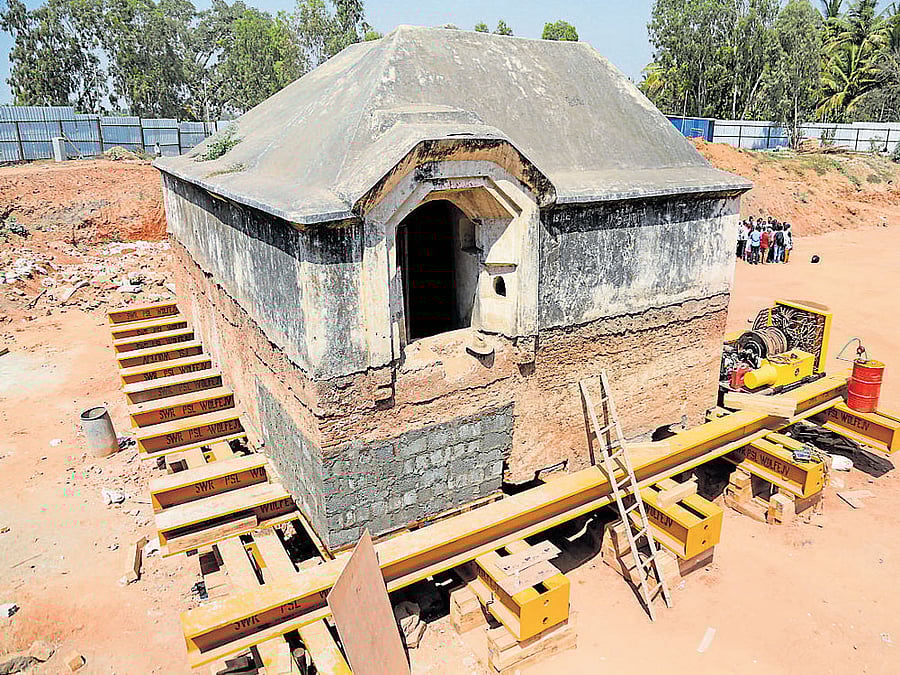 Engineering feat: Tipu Sultan's 228-yr- old armoury in Srirangapatna is being moved about 100 m to make way for a railway track. The project crossed a critical phase  on Thursday.