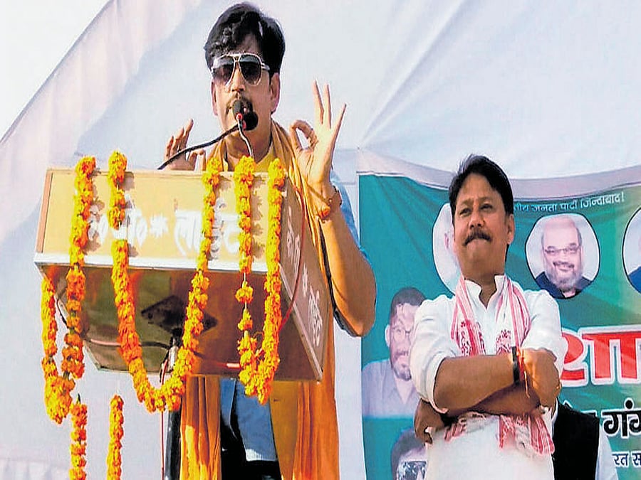 Bhojpuri actor Ravi Kishan, who recently joined the BJP, addresses an election rally in Mirzapur on Sunday. PTI photo