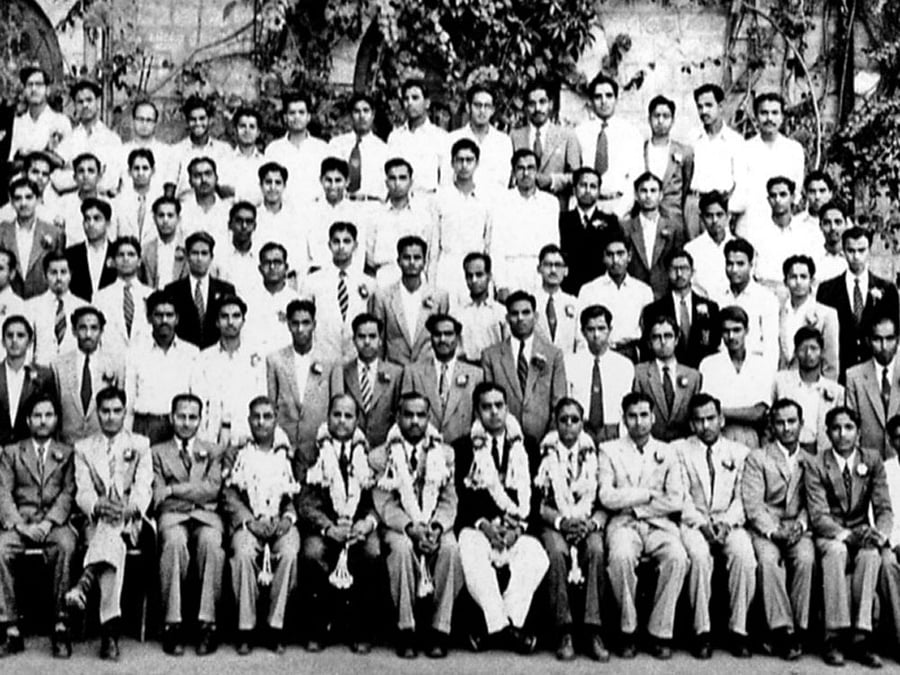 (Sitting, from left) K R Venkataramaiah (second), Prof V Ramachandran (fifth), Prof D B Narasimhaiah (10th), Prof B C Rajanna (15th), L Krishnamurthy (16th), M N Appayanna (17th), S J Bennet (18th) and M Ramesh (19th). (Standing, first row) H A Balakrishna Rao (third) and the author (15th).
