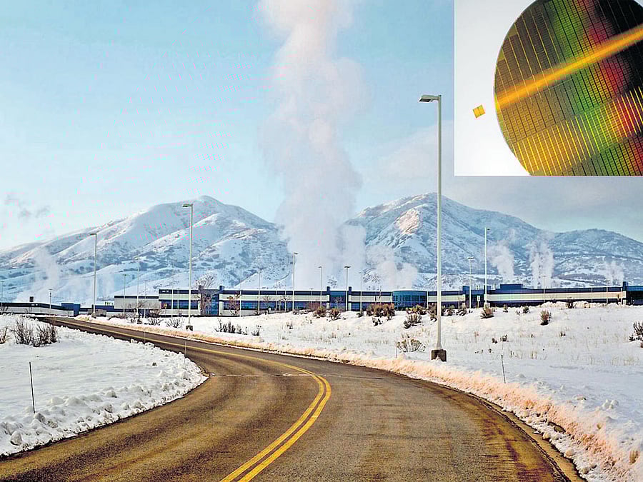 future chipping away: A cutting-edge, three-dimensional memory chip, next to the wafer used in its fabrication (inset) at the IM Flash plant in Lehi, Utah (in pic). Only about 13% of the world's chip manufacturing capacity was in the US in 2015, down from 30% in 1990. nyt