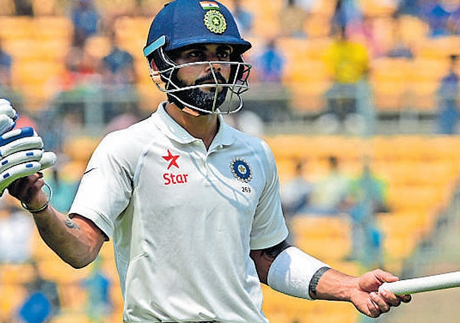 Indian skipper Virat Kohli expresses his displeasure after he was given out leg before following a review on the third day of the second Test on Monday. dh photo/ p S Krishna kumar