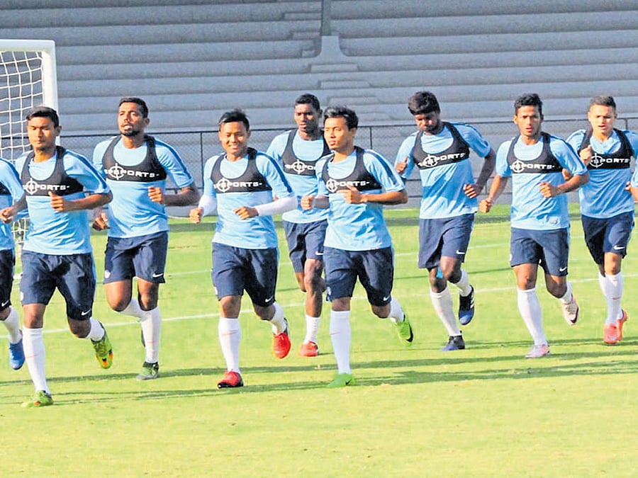 getting ready: Indian players train on the eve of their international friendly against Cambodia on Wednesday in Phnom Penh. AIFF media