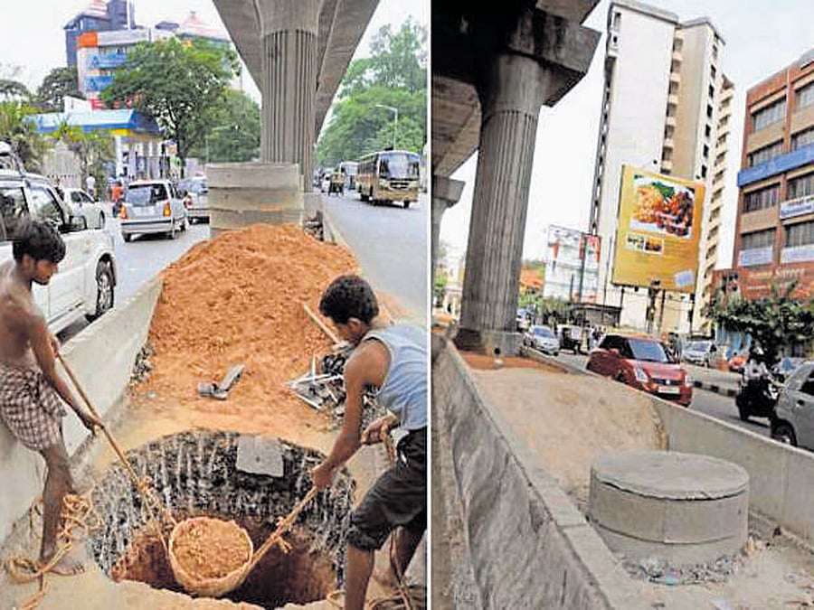 Workers dig to build a tank for rainwater harvesting between Metro pillars. (R) The completed tank. dh file photo