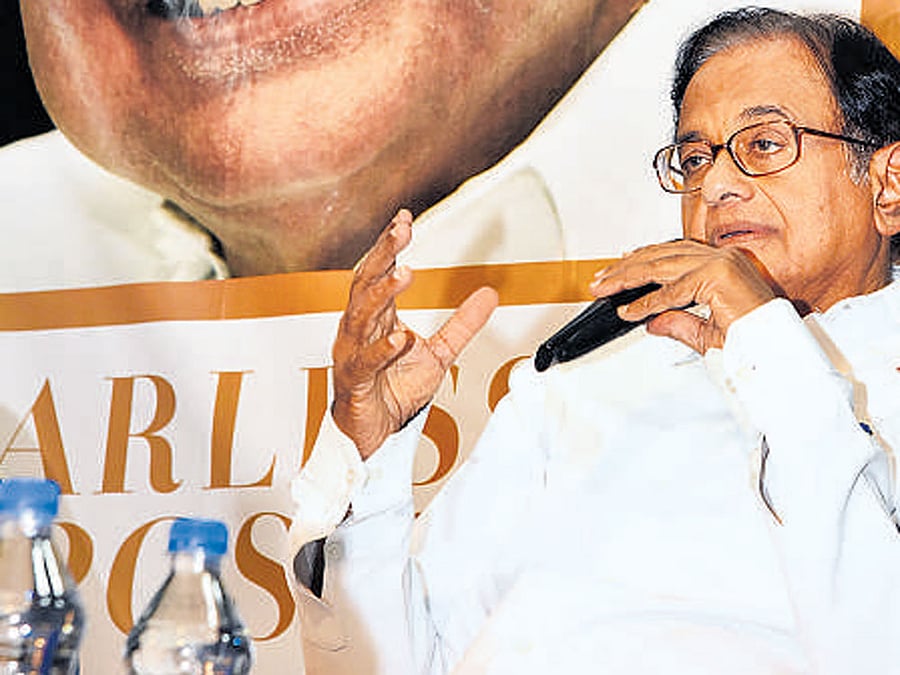 Former Union minister P Chidambaram, speaks at the launch of his book in the city on Saturday. dh photo
