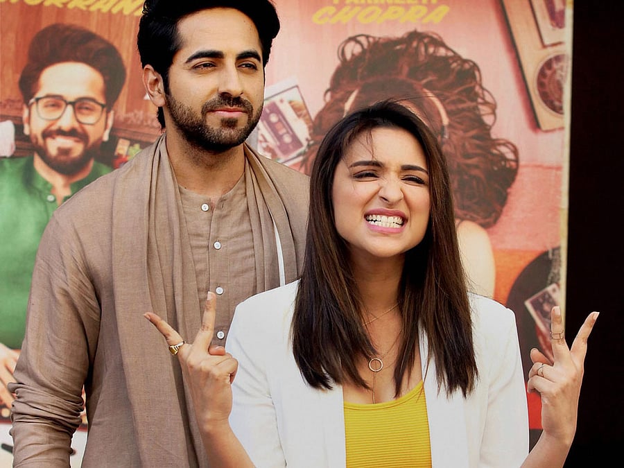 Bollywood actors Ayushmann Khurrana and Parineeti Chopra during the trailer launch of their upcoming film 'Meri pyaari Bindu' in Mumbai on Monday . PTI Photo