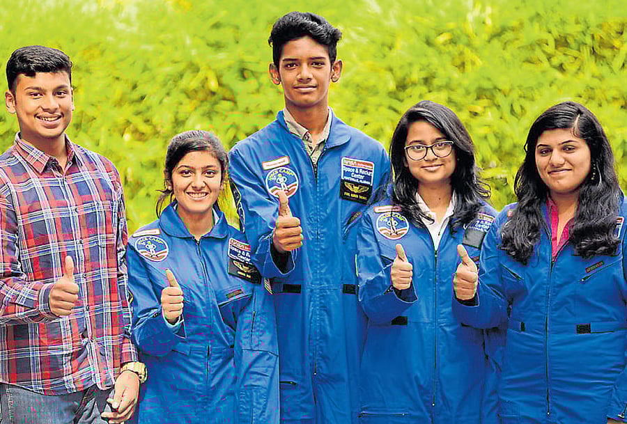 (From left) Arjun Nair (Sri Kumaran PU College), Anusha Jain (Jain College), Nizam Kurile (Whitefield Global School), Vaishnavi Calambakkam Kandavelu (SSMRV PU College) and Naomi Varghese (CMR PU College) who were selected for the programme hosted by US Space & Rocket Centre in Huntsville, Alabama.