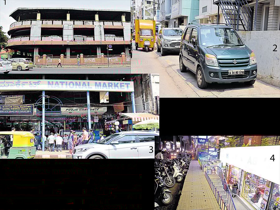 1. The multi-level parking lot on JC Road has not been used optimally by the public; 2. Footpath parking is the norm in most residential areas; 3.3. Basements of many commercial complexes in Gandhinagar are occupied by shops; 4. 4. Building bye-law violations are rampant in Indiranagar. Basements have turned shopping zones. DH PHOTOS / JANARDHAN B K & SHIVAKUMAR B H