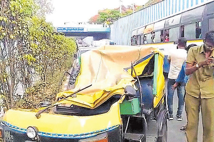 The autorickshaw involved in the accident on BHEL underpass near Sadashivanagar on Sunday. DH photo