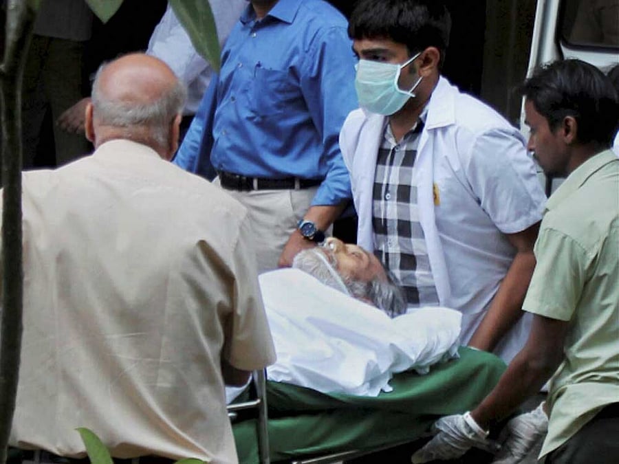 Bollywood actor Vinod Khanna's mortal remains taken to his home in Malabar hill, in Mumbai on Thursday. Khanna, 70, passed away at a hospital after a prolonged illness. PTI Photo