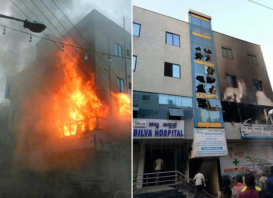Tension prevailed for a while at Bilva Hospital at Vyalikaval in the wee hours of Saturday after fire broke out on the second floor of the hospital. DH photo