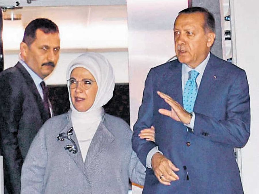 Turkish President Recep Tayyip Erdogan and his wife Emine Erdogan upon their arrival at AFS Palam in New Delhi on Sunday. PTI