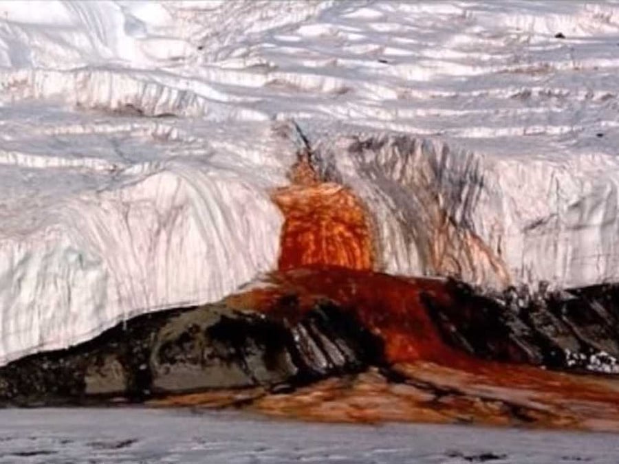 Blood Falls, found in 1911 by geologist Griffith Taylor in East Antarctica, is famous for its sporadic releases of iron-rich salty water. Screen grab