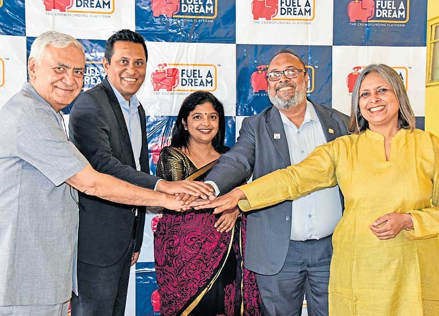 O P Khanna, chairman and managing trustee, Needy  Heart Foundation; Ranganath Thota, founder and CEO, FueIadream.com; Manju Balasubramanyam, principal,  DPS North; Pradeep Visvanathan, president, Rotary  Bangalore Indiranagar; and Mini of Needy Heart Foundation at a press conference organised to announce Delhi Public School students' crowdfunding to help heart surgery of  50 poor children on Wednesday. DH PHOTO