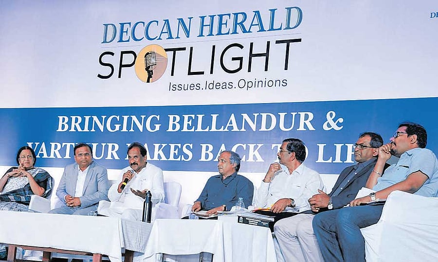 thinking minds: Usha Rajagopalan, Puttenahalli lake activist; Lakshman, KSPCB chairman; K J George, Bengaluru Development Minister; T V Ramachandra, Coordinator, Energy and Wetlands Research Group, IISc; P N&#8200;Nayak, member Engineer, BDA, and Leo Saldanha, Coordinator, ESG, and Ritesh Kumar, Head, Wetlands International, South Asia. DH photo
