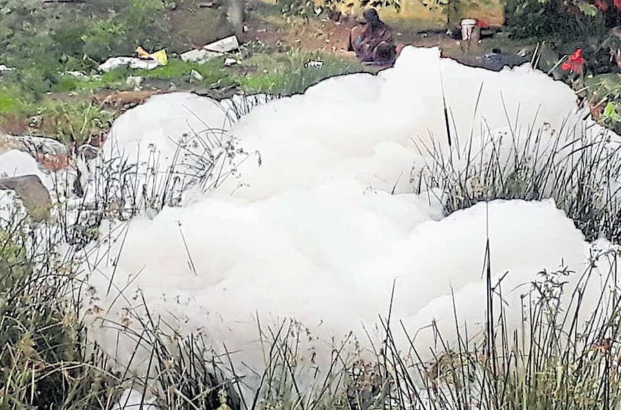 Subramanyapura lake started frothing following pre-monsoon showers on Friday evening. DH PHOTO