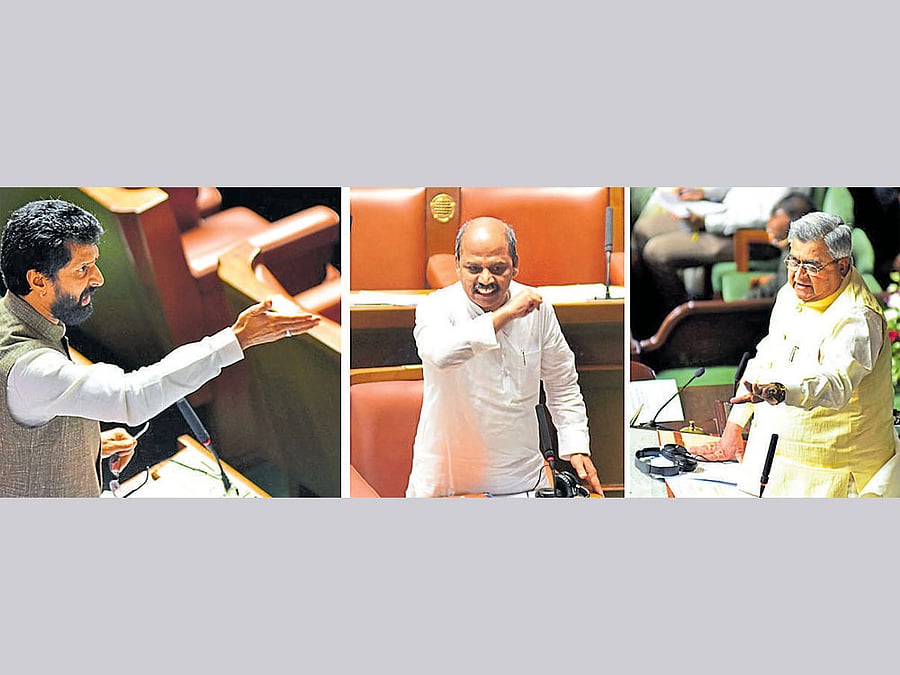 Speaker K B Koliwad (extreme right) pacifies BJP member C T Ravi and Medical Education Minister Sharan Prakash Patil who indulged in a heated argument over the McGann hospital  incident, in the Legislative Assembly on Tuesday. DH Photo