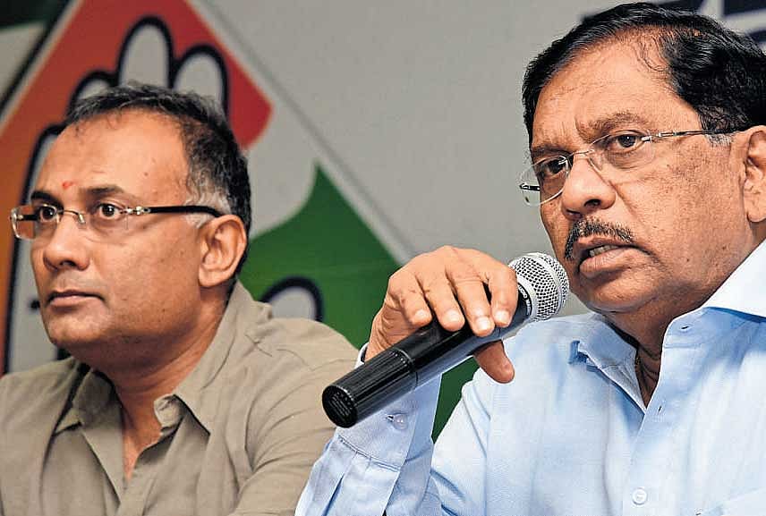 KPCC president G Parameshwara addresses the media in Bengaluru on Sunday. KPCC working president Dinesh Gundu Rao is seen. DH Photo