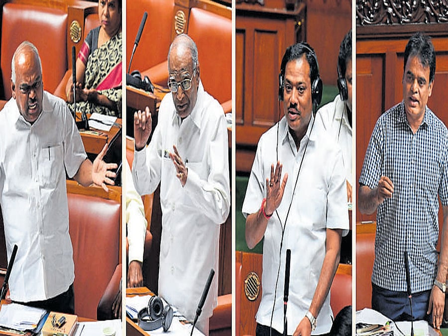 Health Minister K R Ramesh Kumar tables the Amendment Bill to Karnataka Private Medical Establishment Act, 2007, as MLAs who are also doctors A B Maalakaraddy, Shivaraj Patil and C N Ashwath Narayan speak on it in the Assembly on Tuesday. DH photo