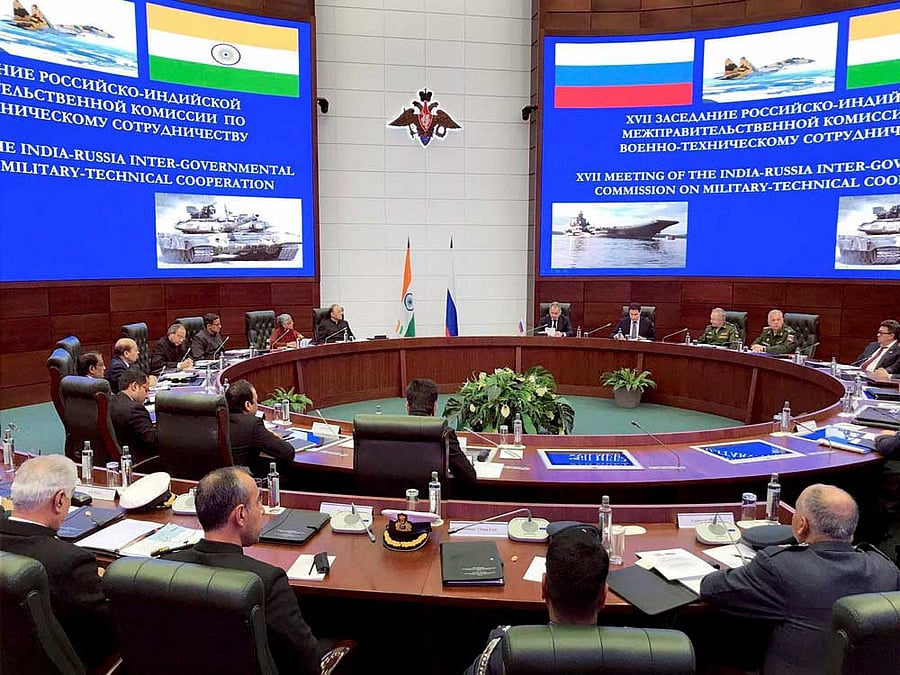 Union Minister of Finance, Corporate Affairs and Defence Arun Jaitley and Russian Defence Minister General Sergey Shoigu during the 17th IRIGC-MTC meeting in Moscow on Friday. PTI Photo