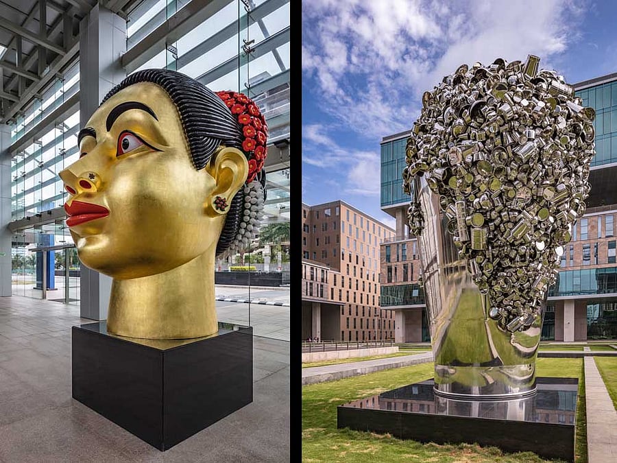 Ravinder Reddy's 'Devi' at RMZ Ecoworld in Bellandur. (Right)&#8200;Subodh Gupta's 'Dreams Overflowing' at the gallery.