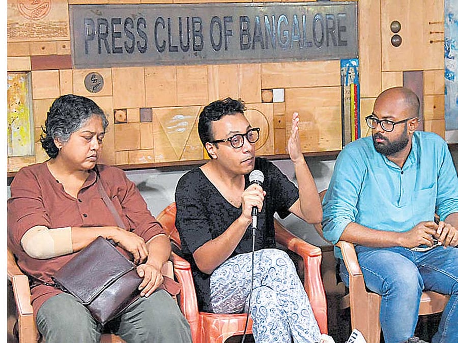 Rumi Harish of ALF, Romal Laisram, an LGBT activist, Gowthaman, a lawyer, during the press meet in Bengaluru  on Thursday. DH photo