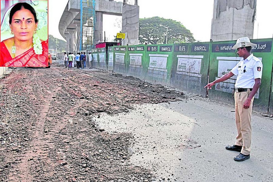 The spot at Nayandanahalli bus stand junction in Bengaluru where Radha (inset) died on Sunday. DH Photo /S K Dinesh