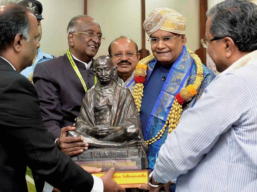President Ram Nath Kovind being felicitated at Karnataka Legislative Assembly in Bengaluru on Wednesday. PTI