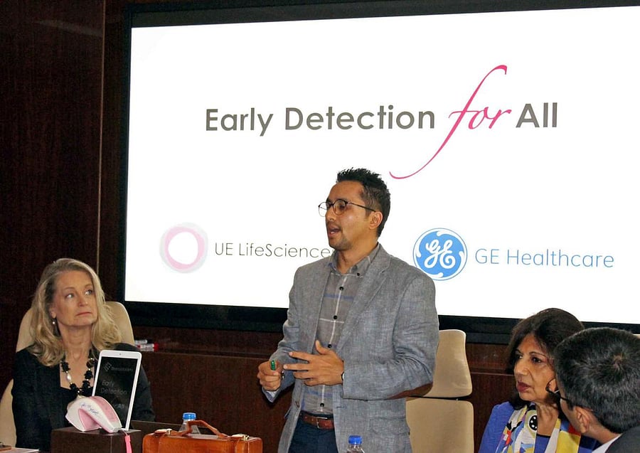 Mihir Shah, founder and CEO of UE LifeSciences announces the company's partnership with GE Healthcare on Thursday in Bengaluru.