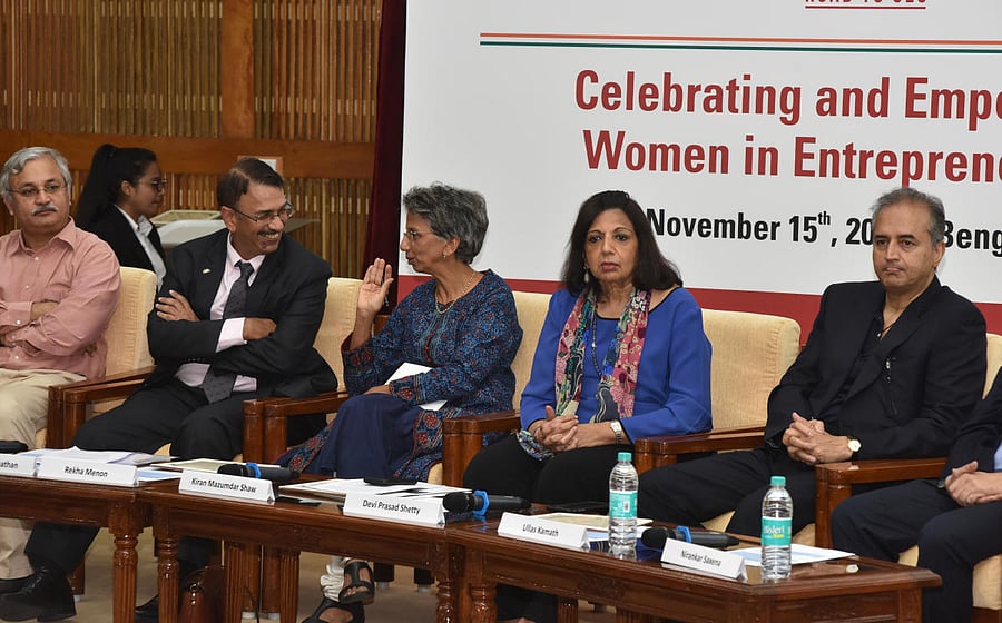 (from left) Prof Suresh Bhagavatula, Chairperson, NSRCEL (Ecosystem Development) IIM Bengaluru, Shekar Vishwanathan, Chairman FICCI, Karnataka state Council, Rekha Menon, Chairman and Senior Managing Director Accenture India, Kiran Mazumdar Shaw, Chairpersonand Managing Director, Bicon Limited, Dr Devi Prasad Shetty, Chairman and Founder, Narayana Health are seen at Road to Global Entrepreneurship Summit, celebrating and Empowering Women in Entrepreneurship organised by NITI Aayog, IIMB, NSRCELL and FICCI at Indian Institute of Management (IIM) in Bengaluru on Wednesday. Photo by S K Dinesh