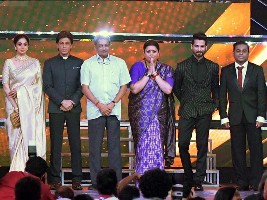 I & B Minister Smriti Irani,Goa Chief Minister Manohar Parrikar, A. R. Rahman actors Shahrukh Khan, Sridevi Shahid Kapoor members of the international jury during the inaugural ceremony of 48th edition of the International film Festival of India in Panaji on Monday. PTI Photo