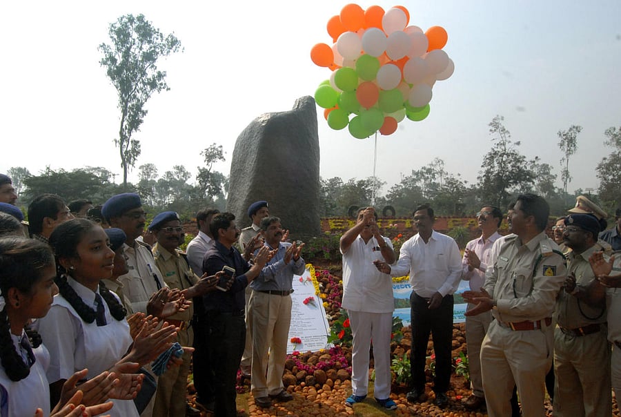Forest Minister Ramanath Rai inaugurates the biodiversity park established by Forest Department near Visvesvaraya Technological University in Belagavi on Friday.