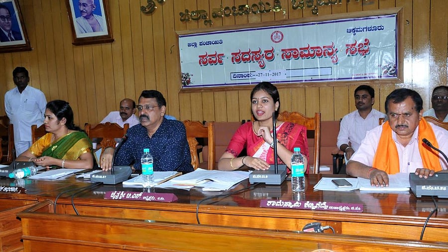 ZP CEO C Sathyabhama, DC M K Srirangaiah, ZP President B S Chaitrasri, Vice President Ramaswamy Shettigadde at the ZP meeting.