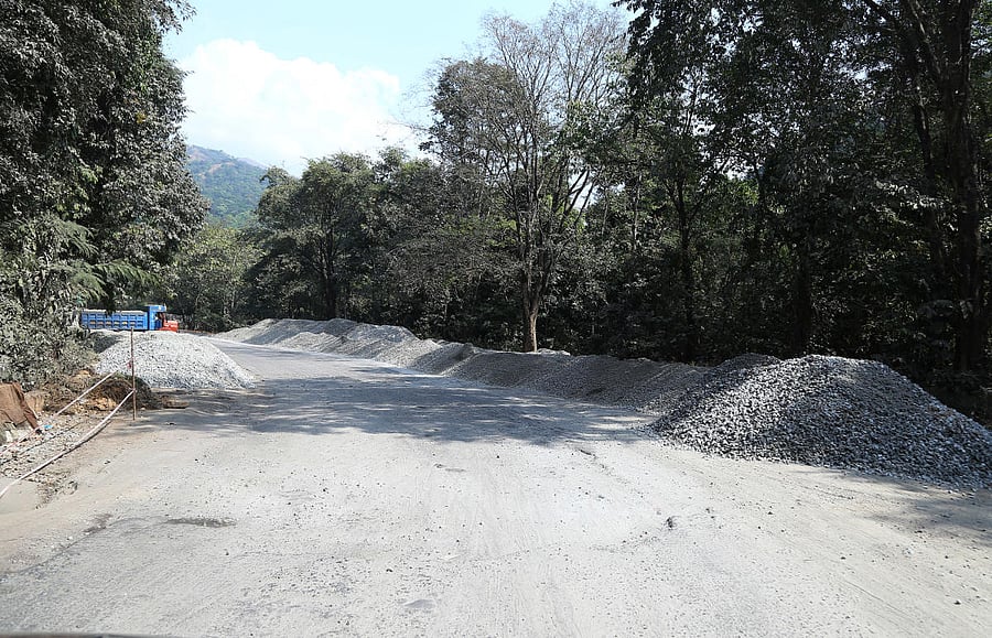 Gravel dumped on the site for asphaltation of Shiradi Ghat Road in Sakleshpur taluk, Hassan district.