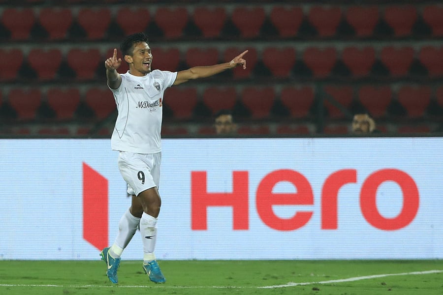 Seiminlen Doungel celebrates after scoring against FC Goa at the Indira Gandhi Athletic Stadium in Guwahati on Saturday. ISL Media