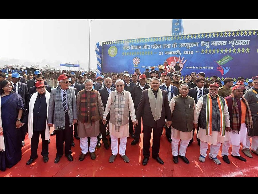 The human chain, in which Chief Minister Nitish Kumar and his deputy Sushil Kumar Modi also participated, was formed to spread awareness about two social evils - child marriage and dowry. PTI Photo