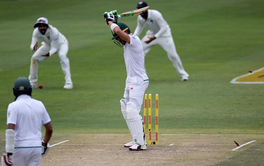 South Africa's Faf Du Plessis is bowled by India's Jasprit Bumrah. REUTERS