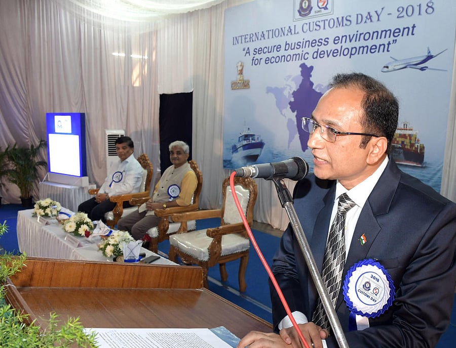 Dr M Subramanyam, Customs Commissionerate, Mangaluru, commissioner, speaks at the International Customs Day programme in Mangaluru on Saturday.