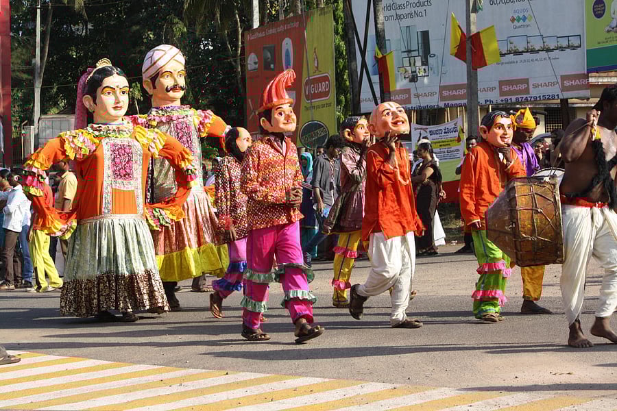 Gaarudi Gombe performers in a procession.