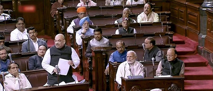 BJP President Amit Shah speaks in the Rajya Sabha in New Delhi on Monday. PTI