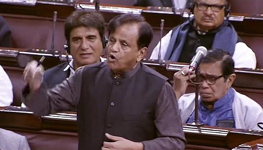 Congress MP Ahmed Patel speaks in the Rajya Sabha, in New Delhi on Wednesday. PTI