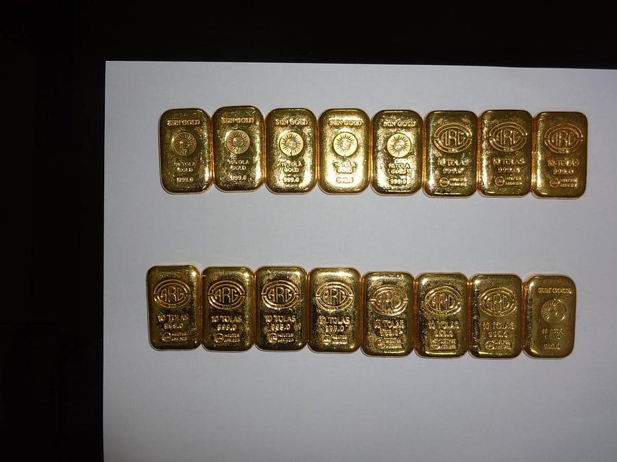The 16 gold biscuits seized by DRI sleuths at Mangaluru Junction railway station.