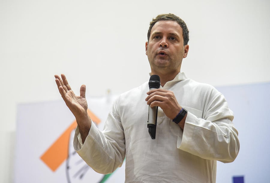 AICC President Rahul Gandhi interacts with 371(J) beneficeries and Entrepreners at PDA Engineering College in Kalaburgi on Tuesday. Seen - AICC General Secretary K C Venugopal and MP Mallikarjun Kharge. -PV Photo/