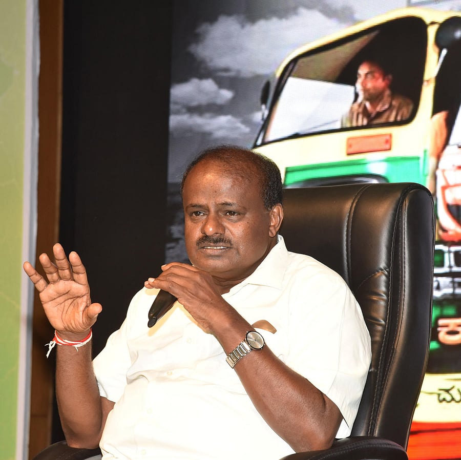 H D Kumaraswamy, JD(S) state President speaking at interaction with Auto, Car and Lorry owners and Drivers programme at Town Hall in Bengaluru on Wednesday. Photo by S K Dinesh