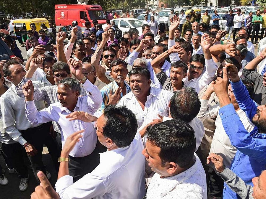 The crowd at Gandhinagar hospital even heckled the BJP MLA from Kadi Karsan Solanki, who came to meet Bhanubhai's family. PTI Photo