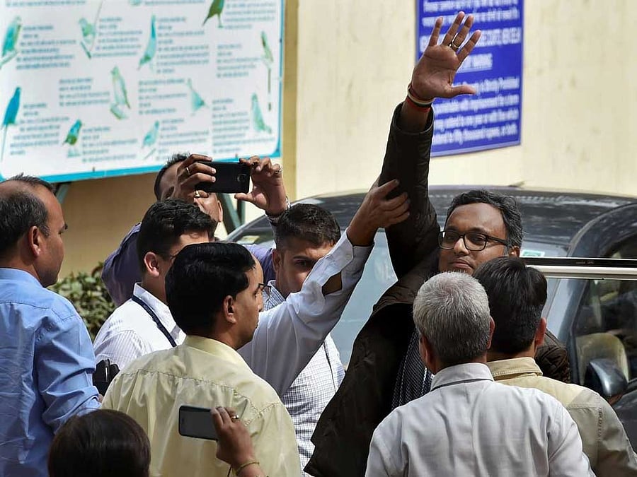Karti Chidambaram, son of former union minister P Chidambaram being produced at Patiala House Courts in New Delhi on Thursday. PTI Photo