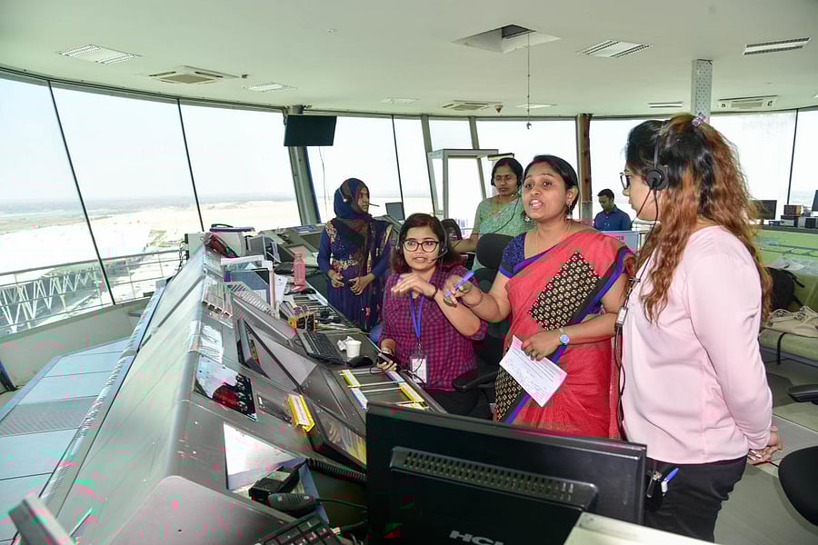At The ATC ...An all-women team took charge of the entire operations at the Kempegowda International Airport, Bengaluru (BLR Airport) during the first shift from 0600 hours to 1400 hours on Thursday, 8th March, 2018, as part of the International Women's Day celebrations. Bangalore International Airport Limited (BIAL), which operates BLR Airport, created this unique initiative to celebrate the ability of women in non-traditional areas of Airport Operations, in Bengaluru on Thursday. Photo/ B H Shivakumar