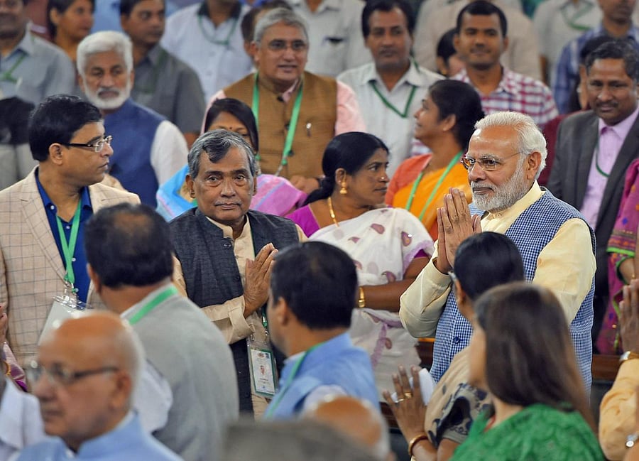 Prime Minister Narendra Modi arrives to inaugurate the National Legislators Conference at Parliament House in New Delhi on Saturday.PTI