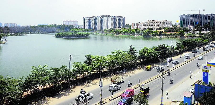 Kaikondarahalli lake visited by Upalokayukta Justice. Subhash B. Adi at Sarjapura road in Bangalore on Saturday./ Photo by Kishor Kumar Bolar