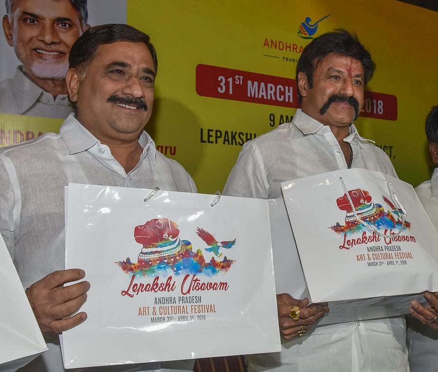 Bhuma Akhila Priya, Tourism Minister, Andhra Pradesh and Nandamuri Balakrishna, MLA and Telugu actor launch and welcome all to Lepakshi Utsavam, in Lepakshi, at a press conference organised by The Government of Andhra Pradesh, Andhra Pradesh Tourism Authority at JW Marriott in Bengaluru on Saturday. Photo by S K Dinesh