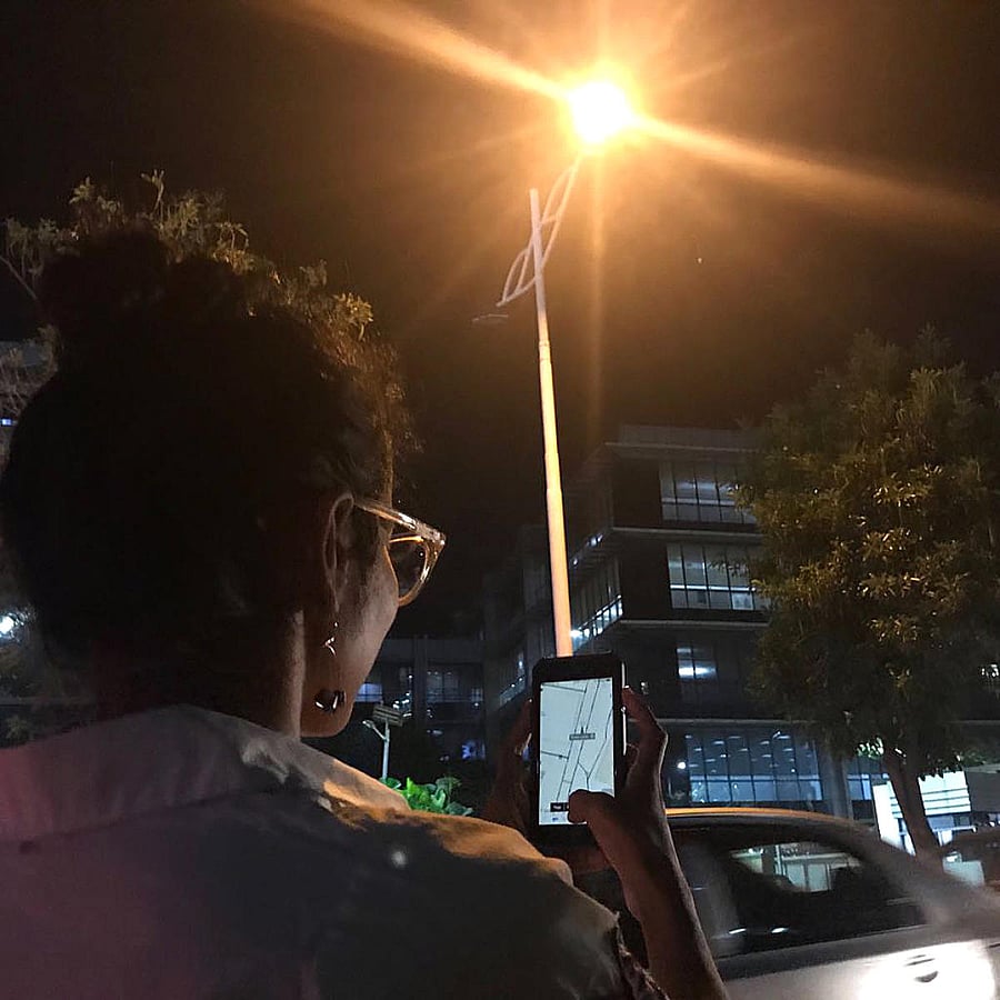 Anindita Nayak updating the status of streetlights using GoMap and OpenStreetMap on the outer ring road.